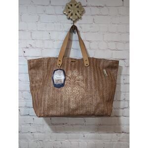 Sun 'N' Sand Woven Poly Straw Beach Tote Bag Faux Leather Handles Embroidered